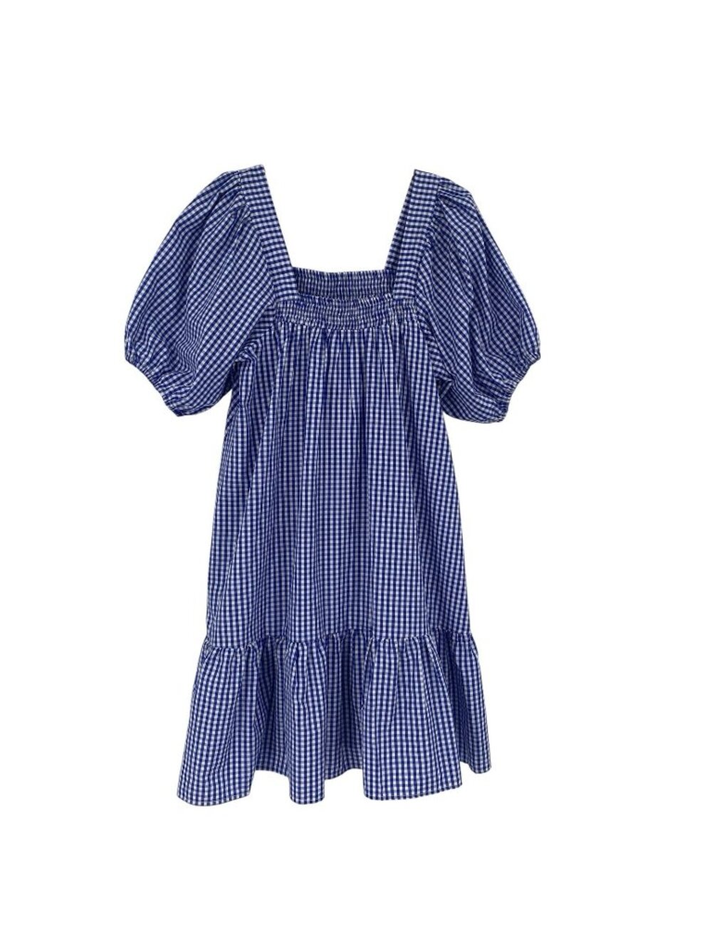 Bululu Resort Wear Gingham Short Sleeve Tiered Dress Blue White S / M